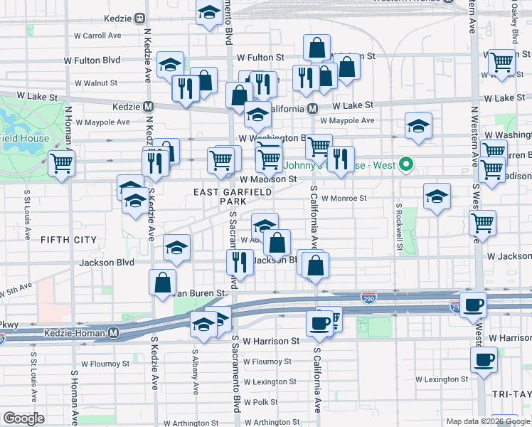 map of restaurants, bars, coffee shops, grocery stores, and more near 2905 West Monroe Street in Chicago