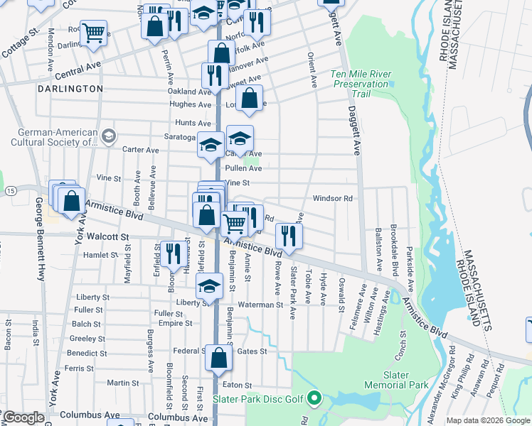map of restaurants, bars, coffee shops, grocery stores, and more near 35 Warwick Road in Pawtucket