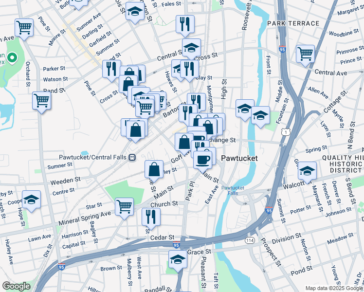 map of restaurants, bars, coffee shops, grocery stores, and more near 16 Mason Street in Cumberland