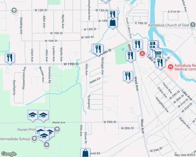 map of restaurants, bars, coffee shops, grocery stores, and more near 1749 Blue Jay Circle in Ashtabula