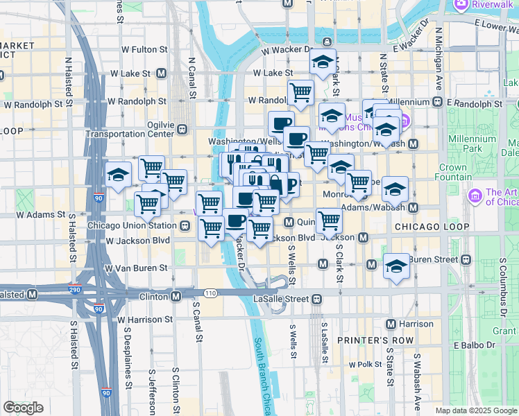 map of restaurants, bars, coffee shops, grocery stores, and more near 125 South Wacker Drive in Chicago