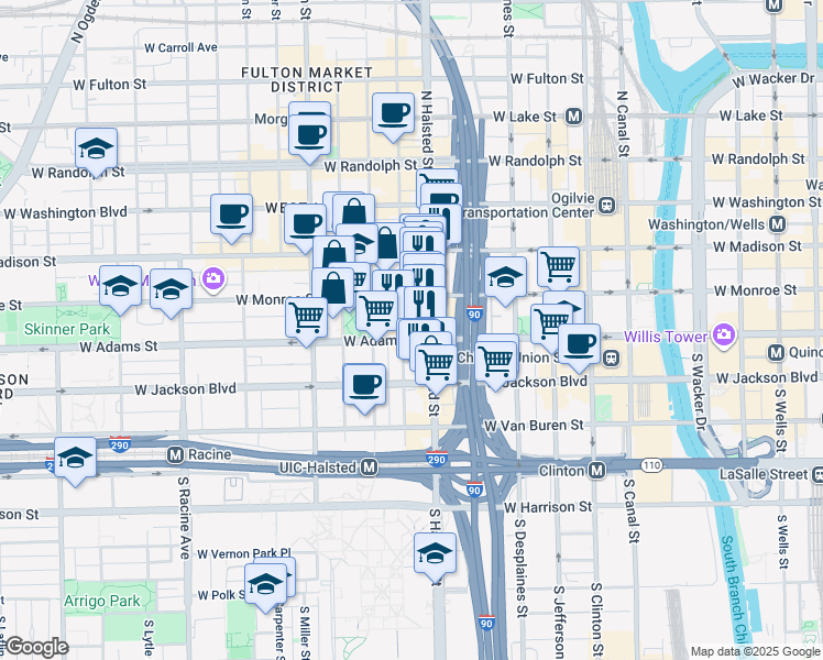 map of restaurants, bars, coffee shops, grocery stores, and more near 40 South Halsted Street in Chicago
