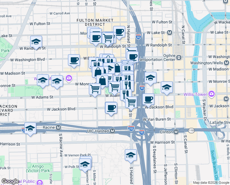 map of restaurants, bars, coffee shops, grocery stores, and more near 113 South Peoria Street in Chicago