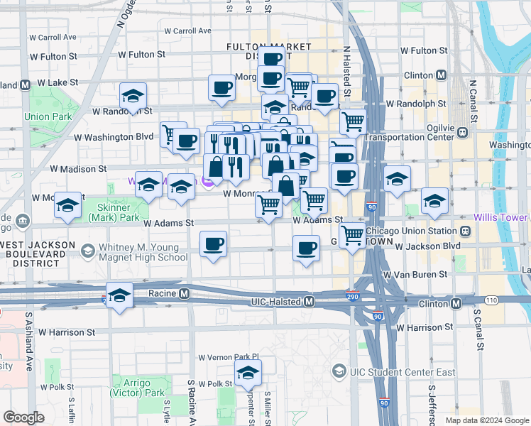 map of restaurants, bars, coffee shops, grocery stores, and more near in Chicago