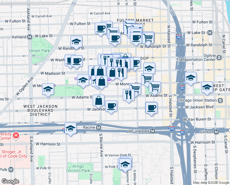 map of restaurants, bars, coffee shops, grocery stores, and more near 1117 West Monroe Street in Chicago