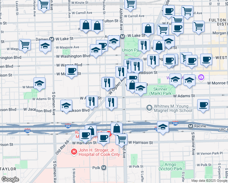 map of restaurants, bars, coffee shops, grocery stores, and more near 1645 Ogden Avenue in Chicago