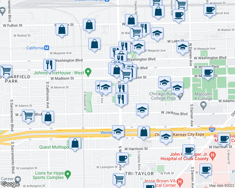 map of restaurants, bars, coffee shops, grocery stores, and more near 96 South Western Avenue in Chicago