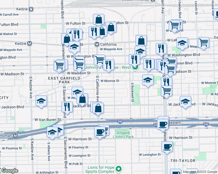 map of restaurants, bars, coffee shops, grocery stores, and more near 2713 West Monroe Street in Chicago