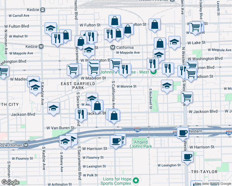 map of restaurants, bars, coffee shops, grocery stores, and more near 2753 West Monroe Street in Chicago