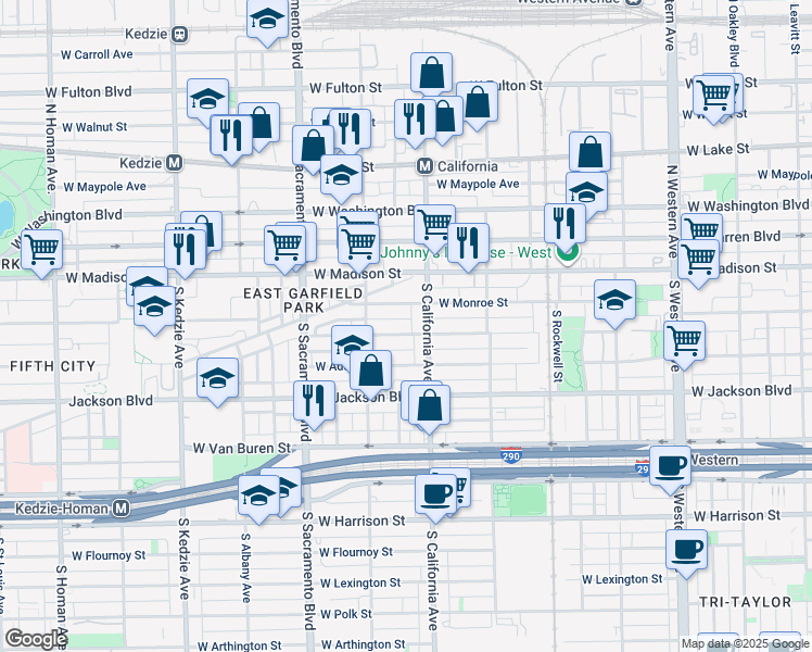 map of restaurants, bars, coffee shops, grocery stores, and more near 2829 West Monroe Street in Chicago