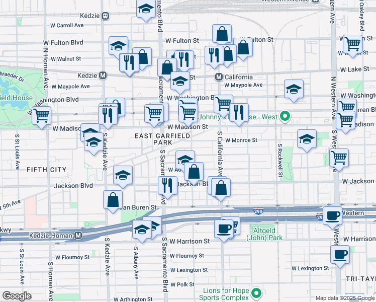 map of restaurants, bars, coffee shops, grocery stores, and more near 2905 West Monroe Street in Chicago
