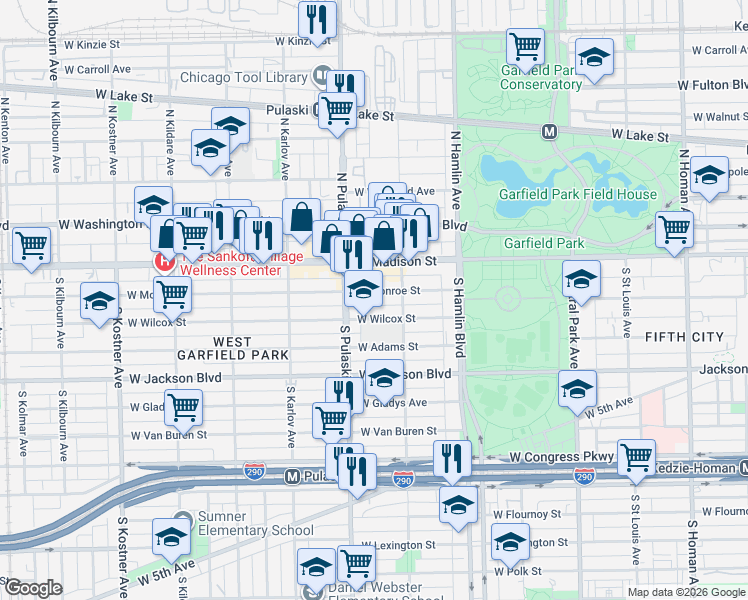 map of restaurants, bars, coffee shops, grocery stores, and more near 3930 West Monroe Street in Chicago