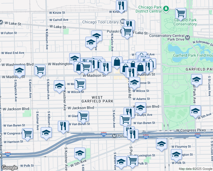 map of restaurants, bars, coffee shops, grocery stores, and more near 4126 West Monroe Street in Chicago