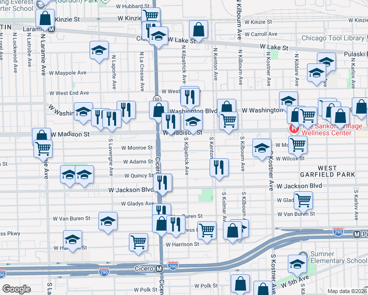 map of restaurants, bars, coffee shops, grocery stores, and more near 21 South Kilpatrick Avenue in Chicago