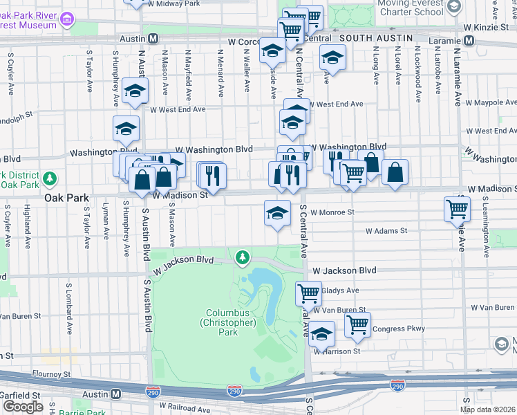 map of restaurants, bars, coffee shops, grocery stores, and more near 19 South Waller Avenue in Chicago