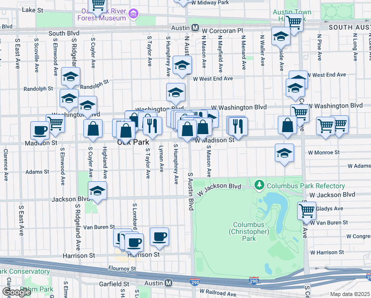 map of restaurants, bars, coffee shops, grocery stores, and more near 15 Madison Street in Oak Park