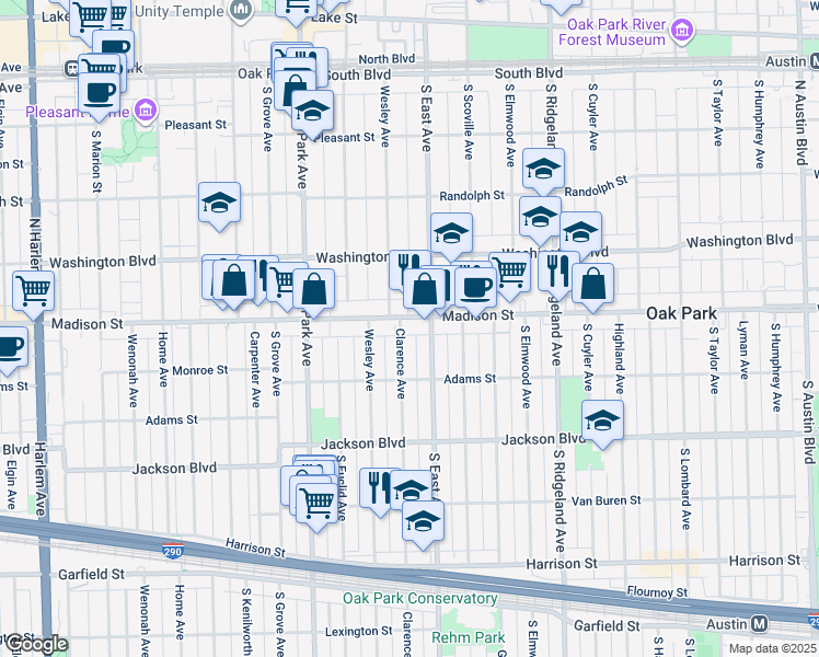 map of restaurants, bars, coffee shops, grocery stores, and more near 622 Madison Street in Oak Park
