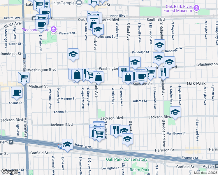 map of restaurants, bars, coffee shops, grocery stores, and more near 656 Madison Street in Oak Park
