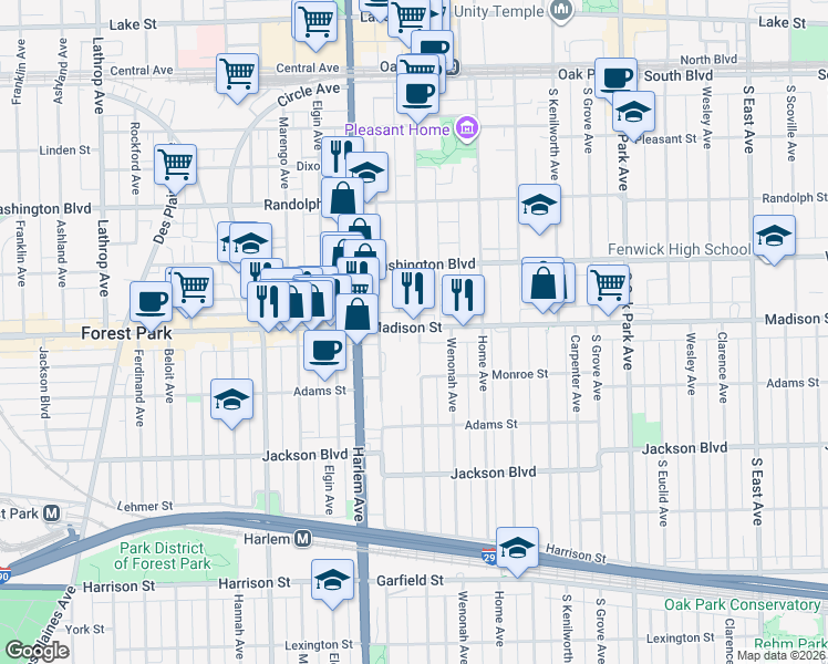 map of restaurants, bars, coffee shops, grocery stores, and more near 1100 Madison Street in Oak Park