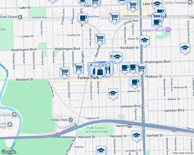 map of restaurants, bars, coffee shops, grocery stores, and more near 7441 Madison Street in Forest Park