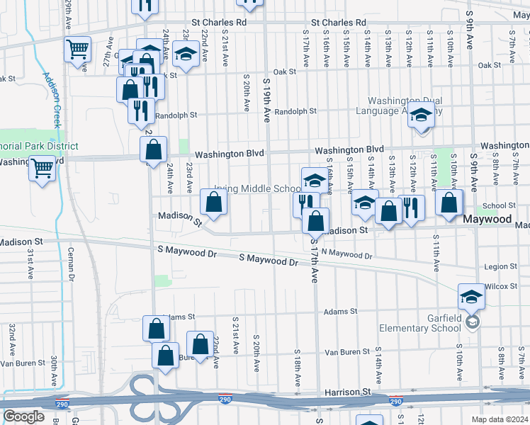 map of restaurants, bars, coffee shops, grocery stores, and more near 806 South 19th Avenue in Maywood