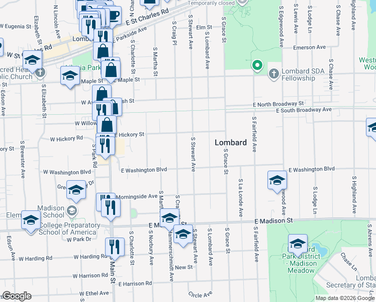 map of restaurants, bars, coffee shops, grocery stores, and more near 417 South Stewart Avenue in Lombard