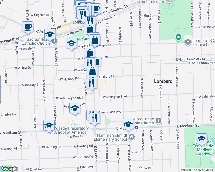 map of restaurants, bars, coffee shops, grocery stores, and more near 414 Garfield Terrace in Lombard