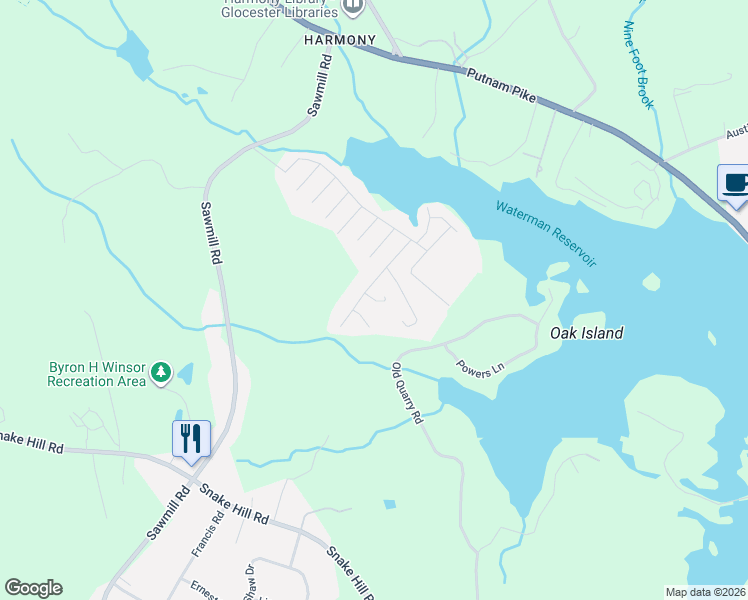 map of restaurants, bars, coffee shops, grocery stores, and more near Coniston Street in Glocester