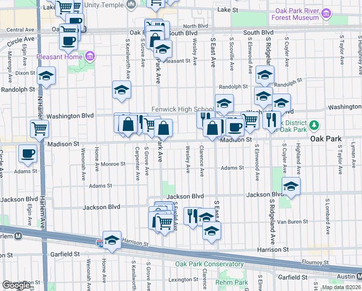 map of restaurants, bars, coffee shops, grocery stores, and more near 703 Madison Street in Oak Park