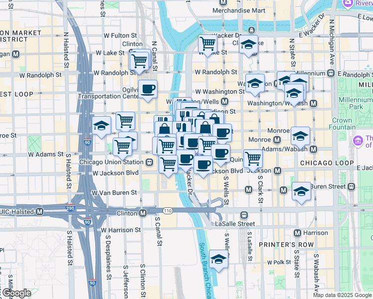 map of restaurants, bars, coffee shops, grocery stores, and more near 150 South Wacker Drive in Chicago