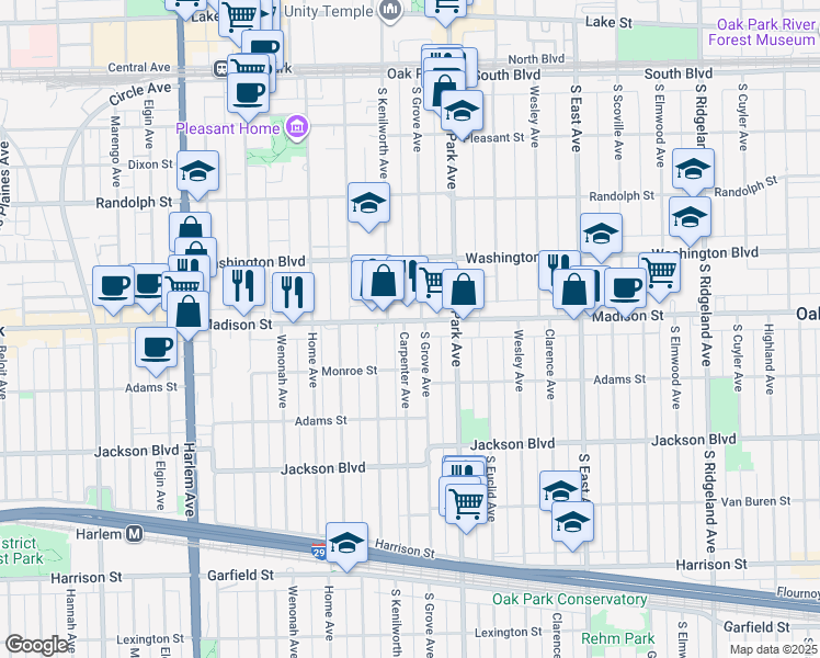 map of restaurants, bars, coffee shops, grocery stores, and more near 848 Madison Street in Oak Park