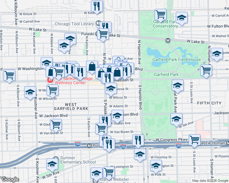 map of restaurants, bars, coffee shops, grocery stores, and more near 3930 West Monroe Street in Chicago