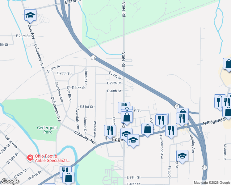 map of restaurants, bars, coffee shops, grocery stores, and more near 1807 East 30th Street in Ashtabula