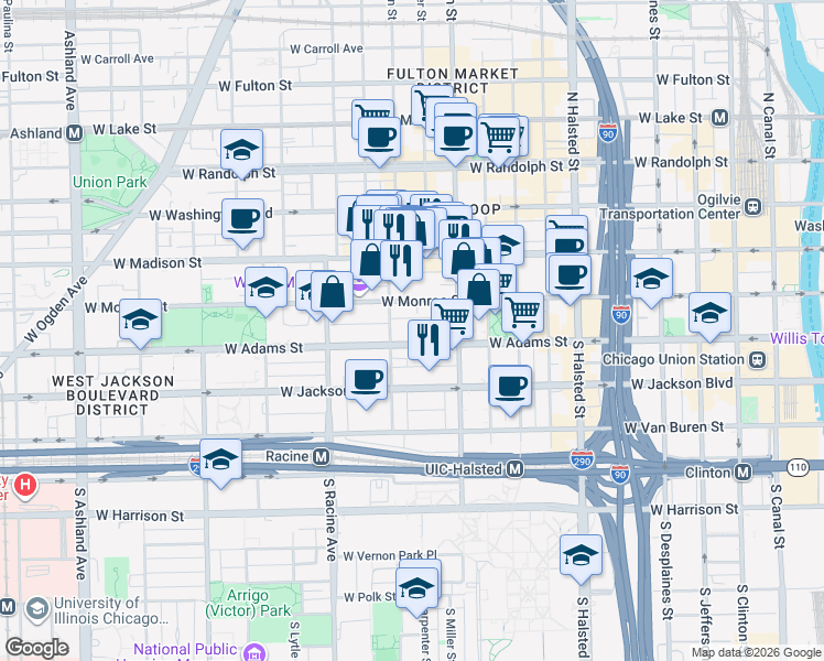 map of restaurants, bars, coffee shops, grocery stores, and more near 1040 West Adams Street in Chicago