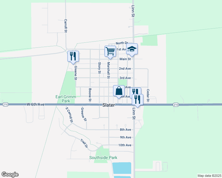 map of restaurants, bars, coffee shops, grocery stores, and more near 400 Marshall Street in Slater