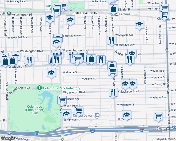 map of restaurants, bars, coffee shops, grocery stores, and more near 5400 West Monroe Street in Chicago