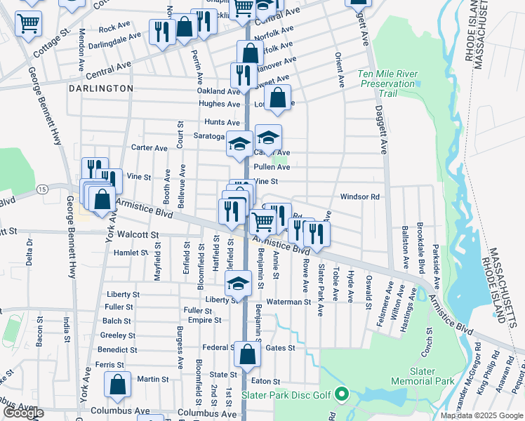 map of restaurants, bars, coffee shops, grocery stores, and more near 7 Crescent Road in Pawtucket