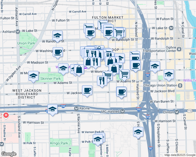 map of restaurants, bars, coffee shops, grocery stores, and more near 1040 West Adams Street in Chicago