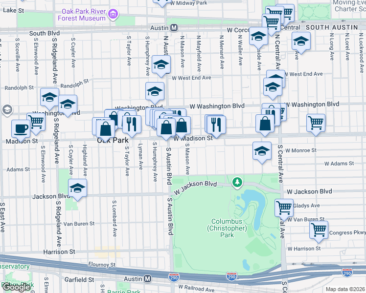 map of restaurants, bars, coffee shops, grocery stores, and more near 10 South Mason Avenue in Chicago