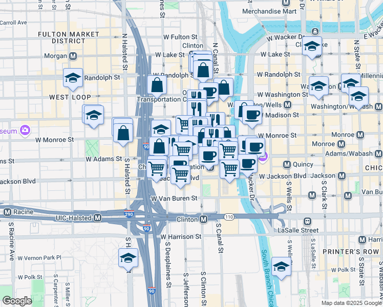 map of restaurants, bars, coffee shops, grocery stores, and more near 125 South Jefferson Street in Chicago