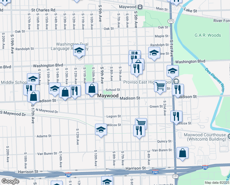 map of restaurants, bars, coffee shops, grocery stores, and more near 901 South 8th Avenue in Maywood