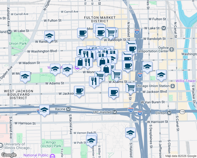 map of restaurants, bars, coffee shops, grocery stores, and more near in Chicago