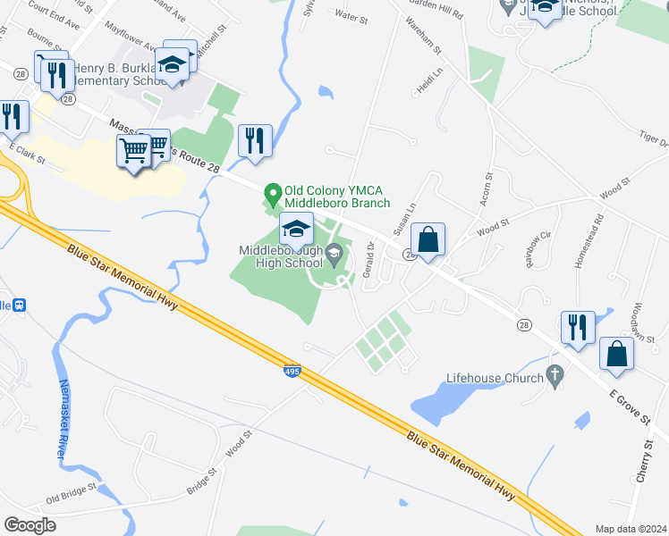 map of restaurants, bars, coffee shops, grocery stores, and more near 71 East Grove Street in Middleborough