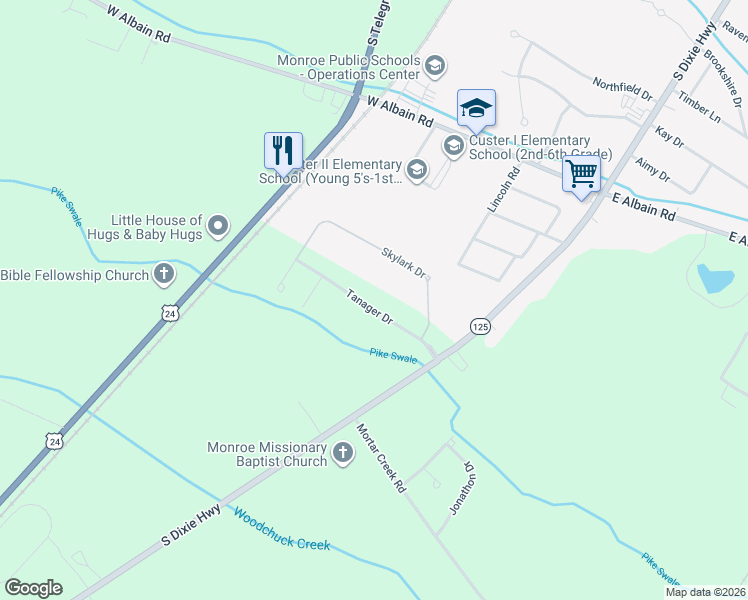 map of restaurants, bars, coffee shops, grocery stores, and more near 4978 Tanager Drive in Monroe