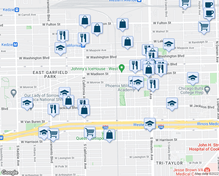 map of restaurants, bars, coffee shops, grocery stores, and more near 2626 West Wilcox Street in Chicago