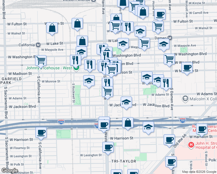 map of restaurants, bars, coffee shops, grocery stores, and more near 121 South Western Avenue in Chicago
