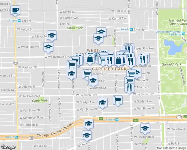 map of restaurants, bars, coffee shops, grocery stores, and more near 4233 West Monroe Street in Chicago