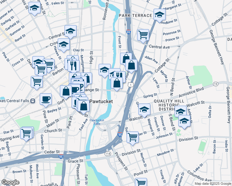 map of restaurants, bars, coffee shops, grocery stores, and more near in Pawtucket