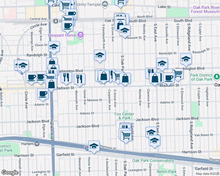 map of restaurants, bars, coffee shops, grocery stores, and more near 841 Madison Street in Oak Park