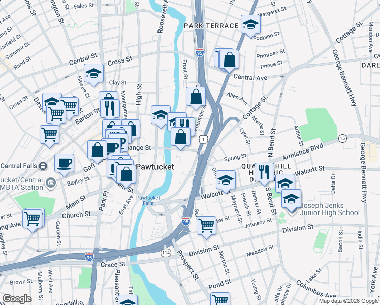 map of restaurants, bars, coffee shops, grocery stores, and more near 214 Broadway in Pawtucket